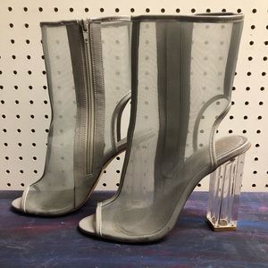 Mesh open toe booties w a clear heel